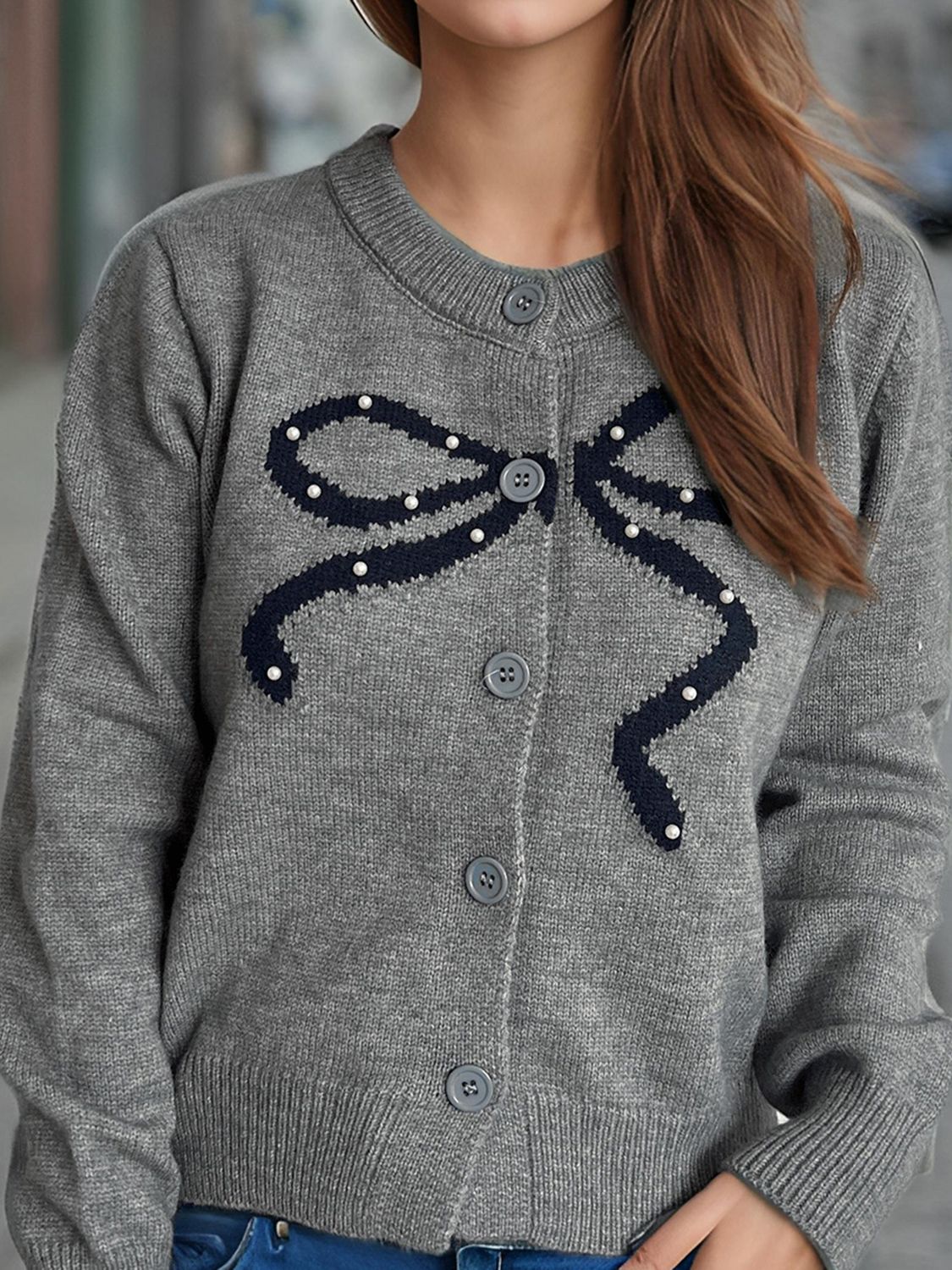 Bow Button Down Round Neck Cardigan-Angel Casuals