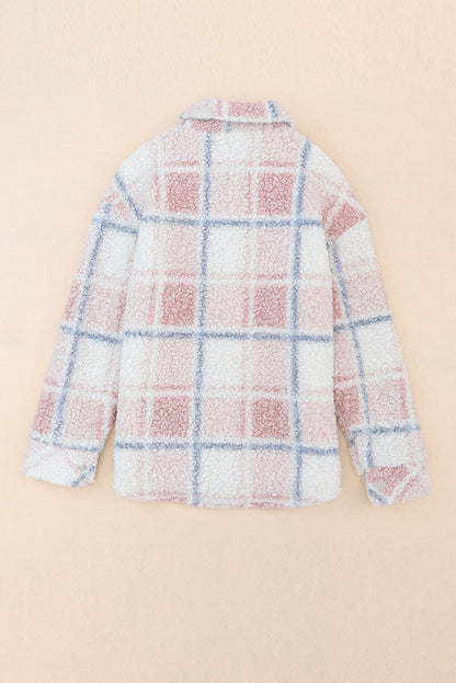 Plaid Button Up Collared Neck Sherpa Jacket-Angel Casuals