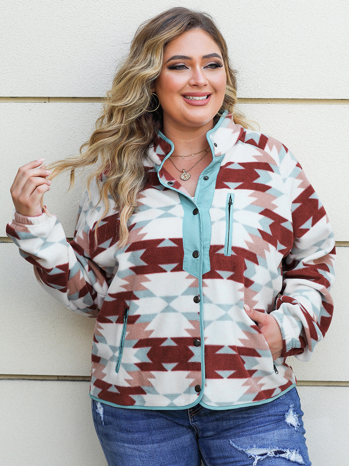 Plus Size Geometric Snap Down Long Sleeve Jacket-Angel Casuals