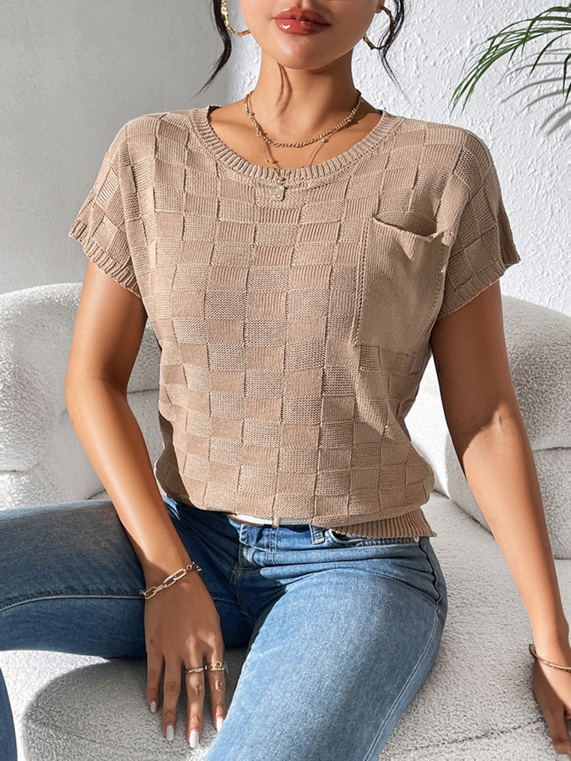 Round Neck Short Sleeve Knit Top-Angel Casuals