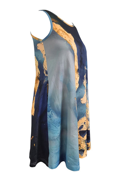 Abstract Print Round Neck Sleeveless Dress with Pockets-Angel Casuals