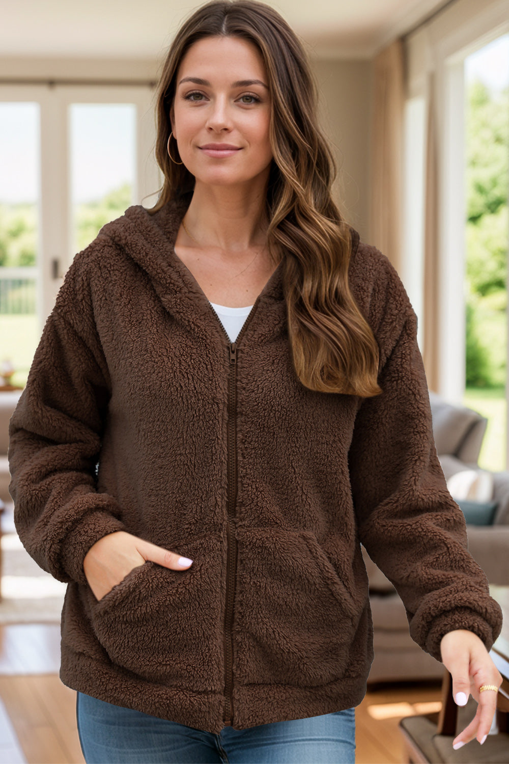 Zip Up Long Sleeve Fuzzy Hooded Outerwear-Angel Casuals