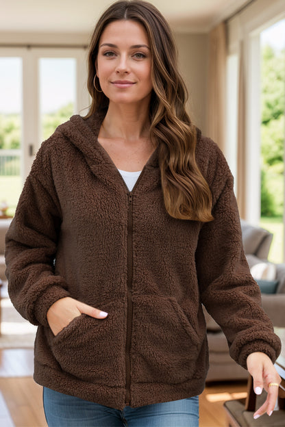 Zip Up Long Sleeve Fuzzy Hooded Outerwear-Angel Casuals