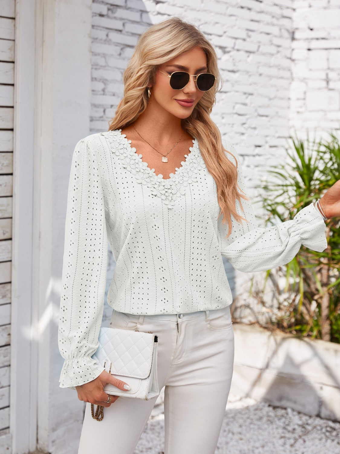 Applique V-Neck Flounce Sleeve T-Shirt-Angel Casuals
