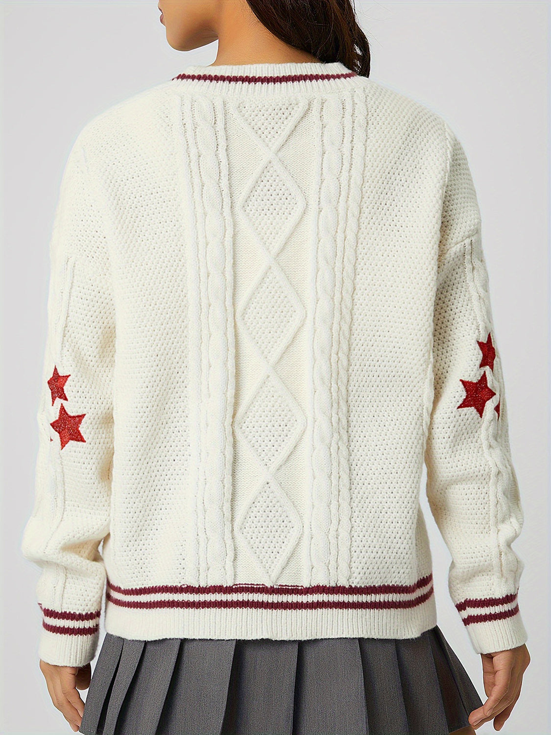 Star Embroidered V-Neck Long Sleeve Cardigan-Angel Casuals