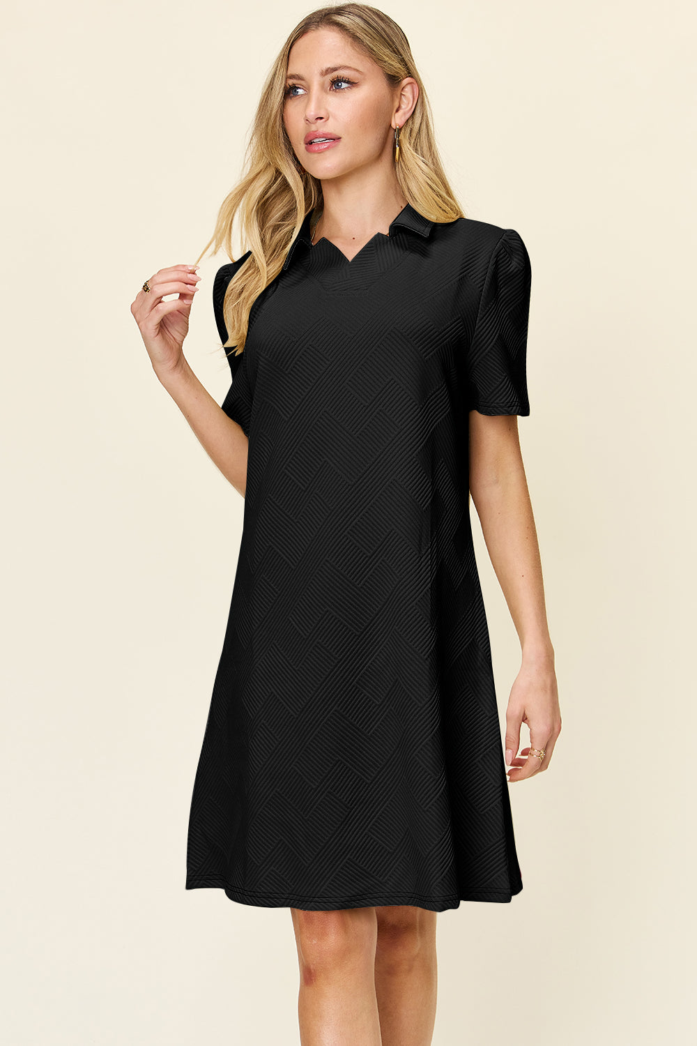 Double Take Full Size Texture Collared Neck Short Sleeve Dress-Angel Casuals