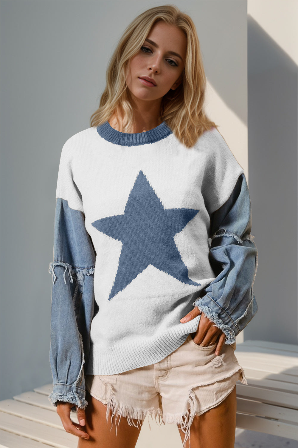 Double Take Full Size Star Pattern Raw Edge Long Sleeve Sweater-Angel Casuals