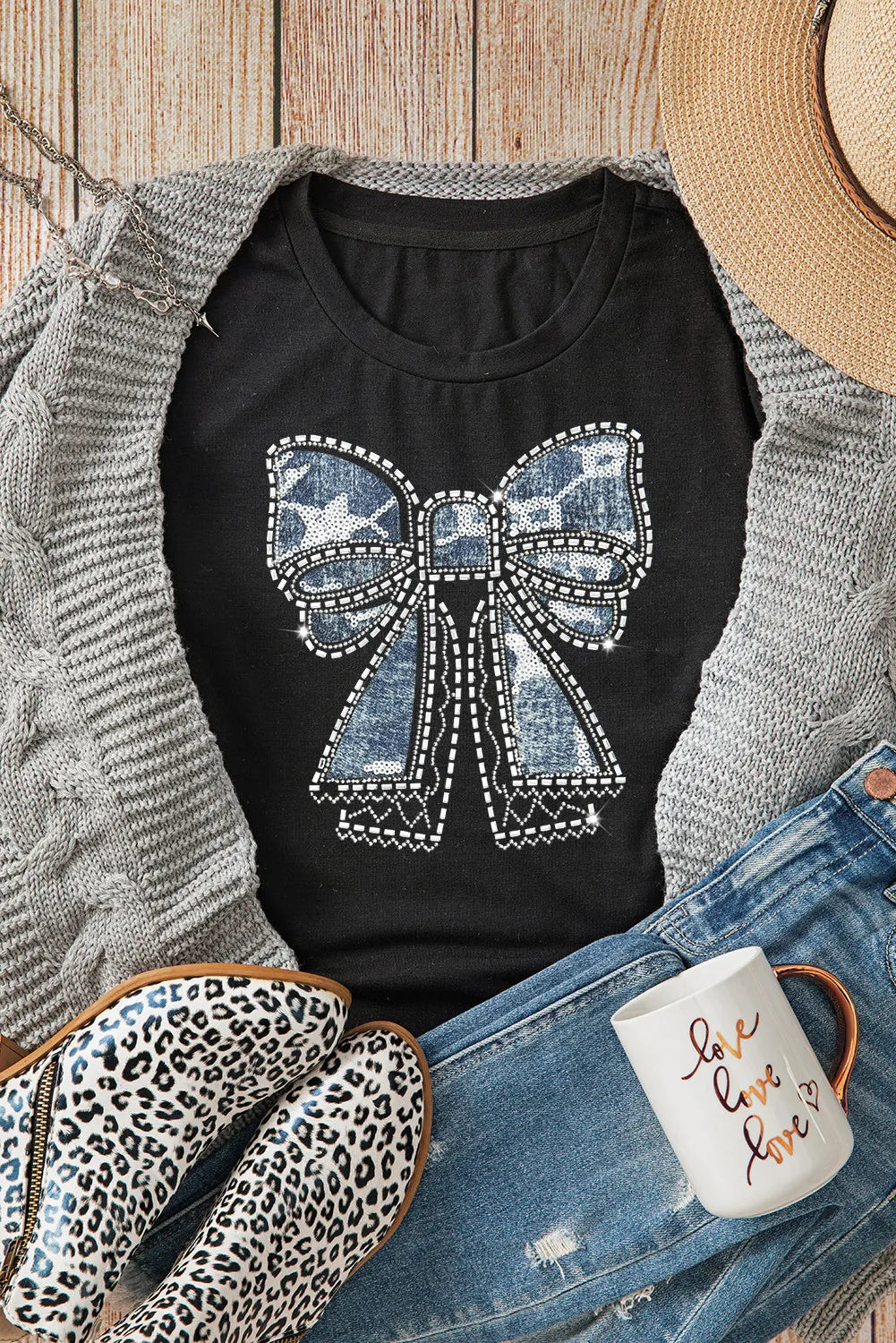 Bow Round Neck Short Sleeve T-Shirt-Angel Casuals