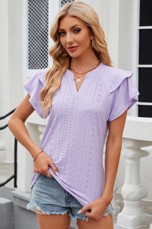 Eyelet Notched Flutter Sleeve T-Shirt-Angel Casuals