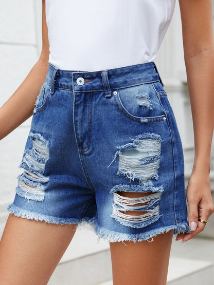 Distressed Raw Hem Denim Shorts-Angel Casuals