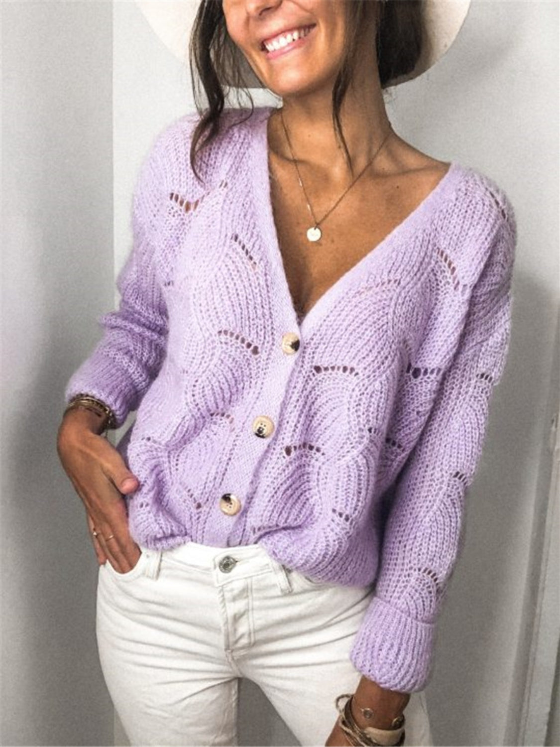 Openwork Button Up Long Sleeve Cardigan-Angel Casuals