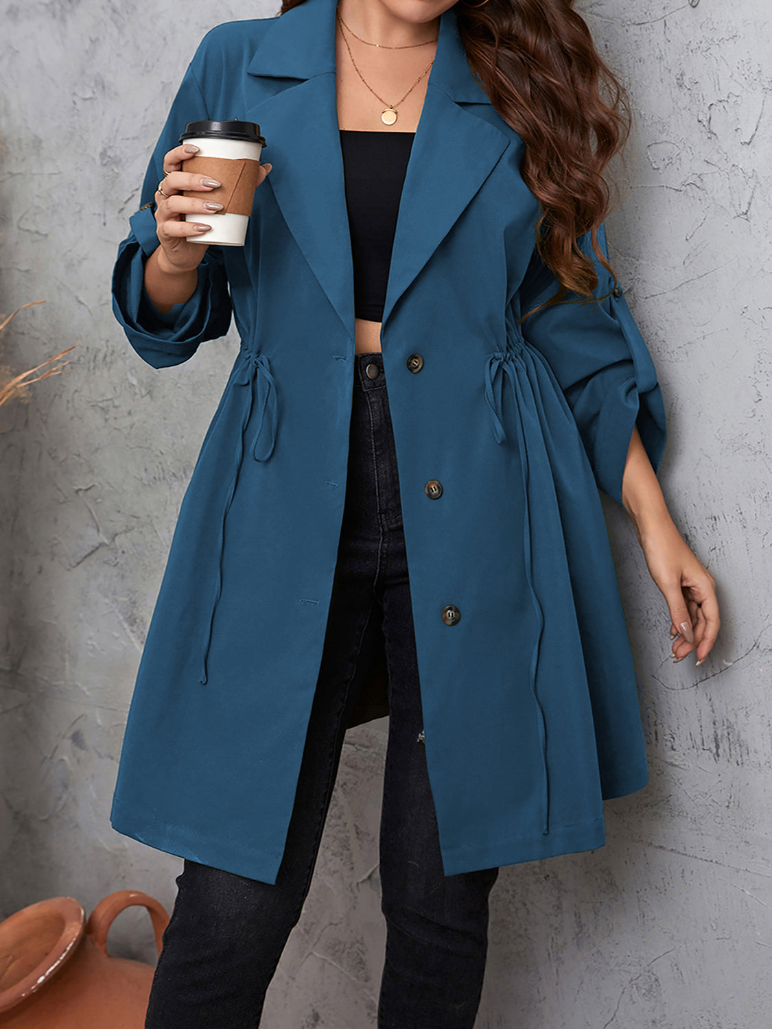 Honey Plus Size Lapel Collar Drawstring Roll-Tab Sleeve Trench Coat-Angel Casuals