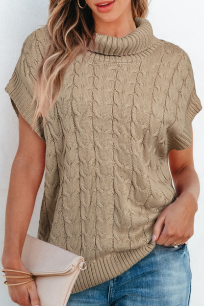 Cable Knit Turtleneck Short Sleeve Sweater-Angel Casuals