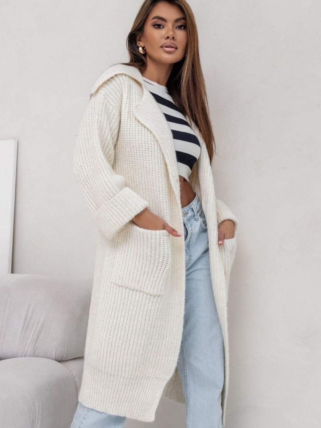 Pocketed Collared Neck Dropped Shoulder Cardigan-Angel Casuals