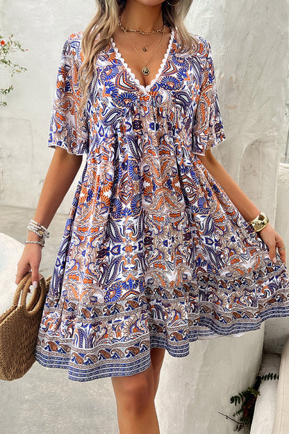 Printed V-Neck Half Sleeve Mini Dress-Angel Casuals