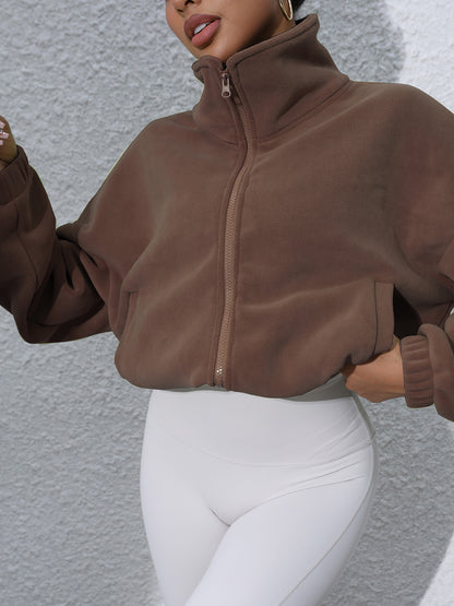 Drawstring Turtleneck Zip Up Long Sleeve Jacket-Angel Casuals