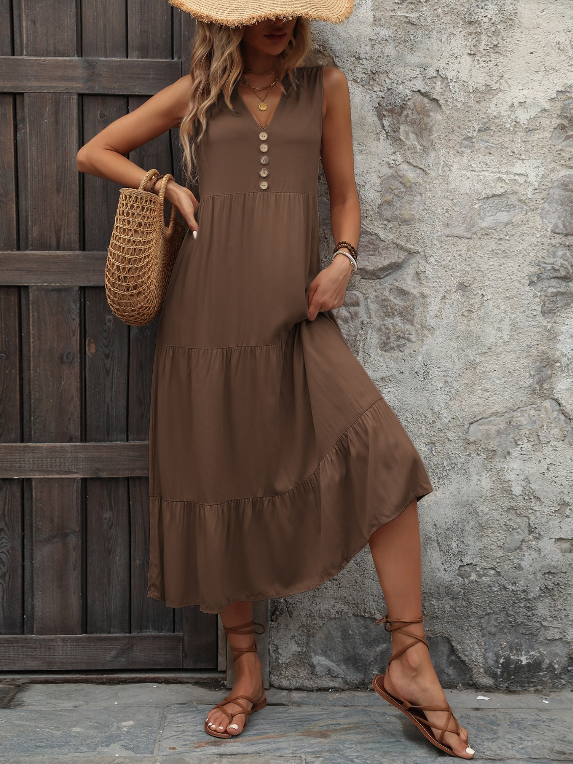 Decorative Button Notched Sleeveless Dress-Angel Casuals