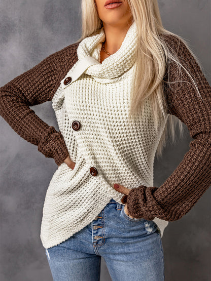 Contrast Decorative Button Turtleneck Sweater-Angel Casuals