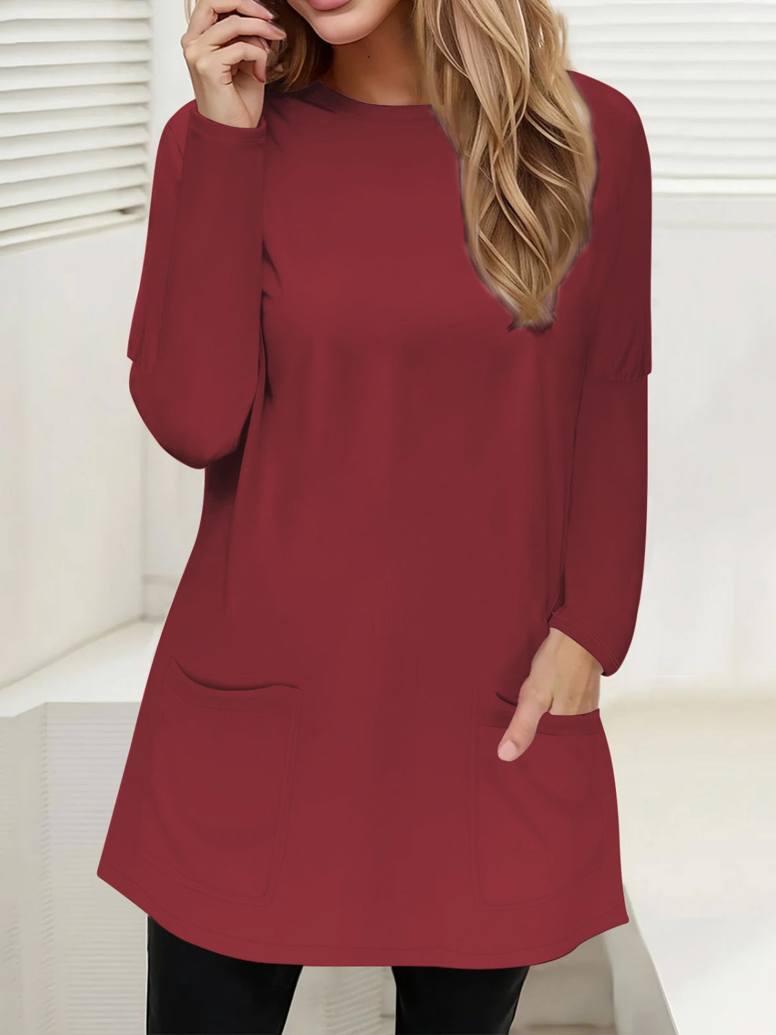 Full Size Pocketed Round Neck Long Sleeve T-Shirt-Angel Casuals