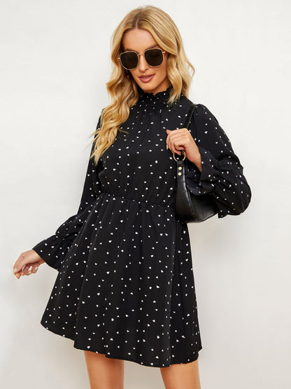 Printed Long Flounce Sleeve Frill Neck Dress-Angel Casuals