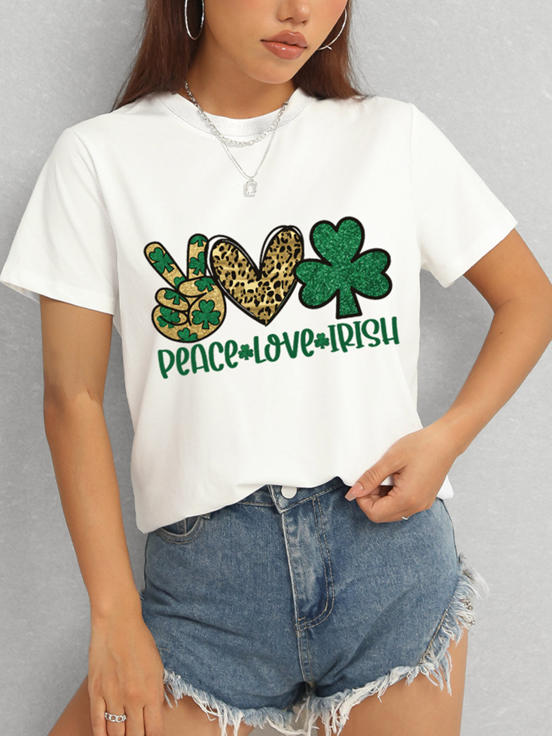 PEACE LOVE IRISH Round Neck Short Sleeve T-Shirt-Angel Casuals