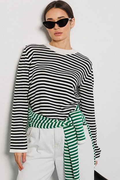 Striped Round Neck Long Sleeve Sweater-Angel Casuals