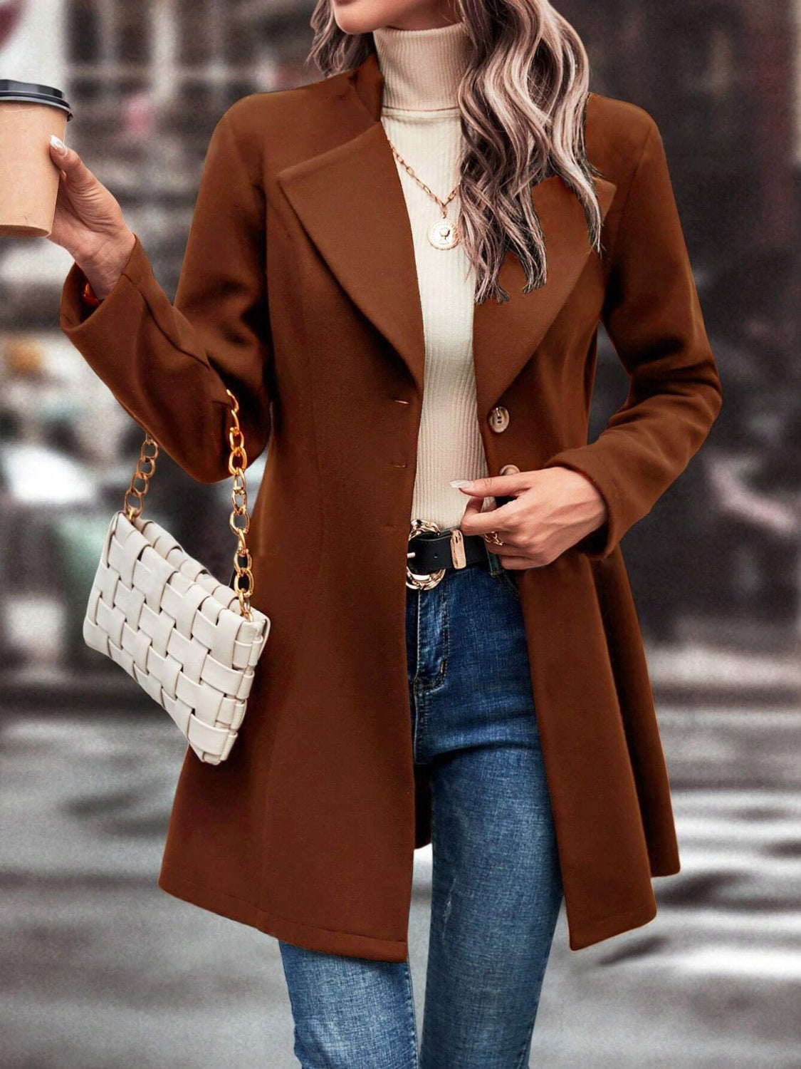 Collared Neck Long Sleeve Longline Coat-Angel Casuals