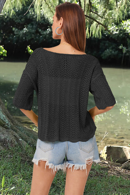 Openwork Round Neck Half Sleeve Knit Top-Angel Casuals