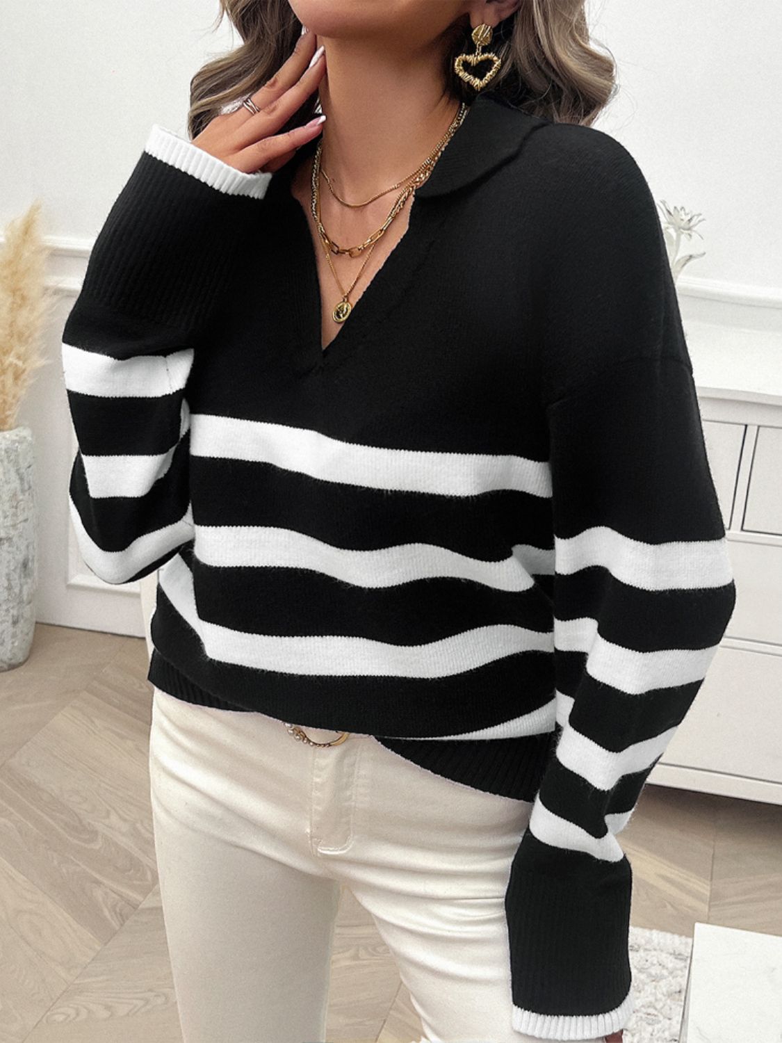 Devine Striped Collared Neck Long Sleeve Sweater-Angel Casuals