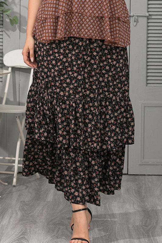 Plus Size Ditsy Floral Layered Maxi Skirt-Angel Casuals