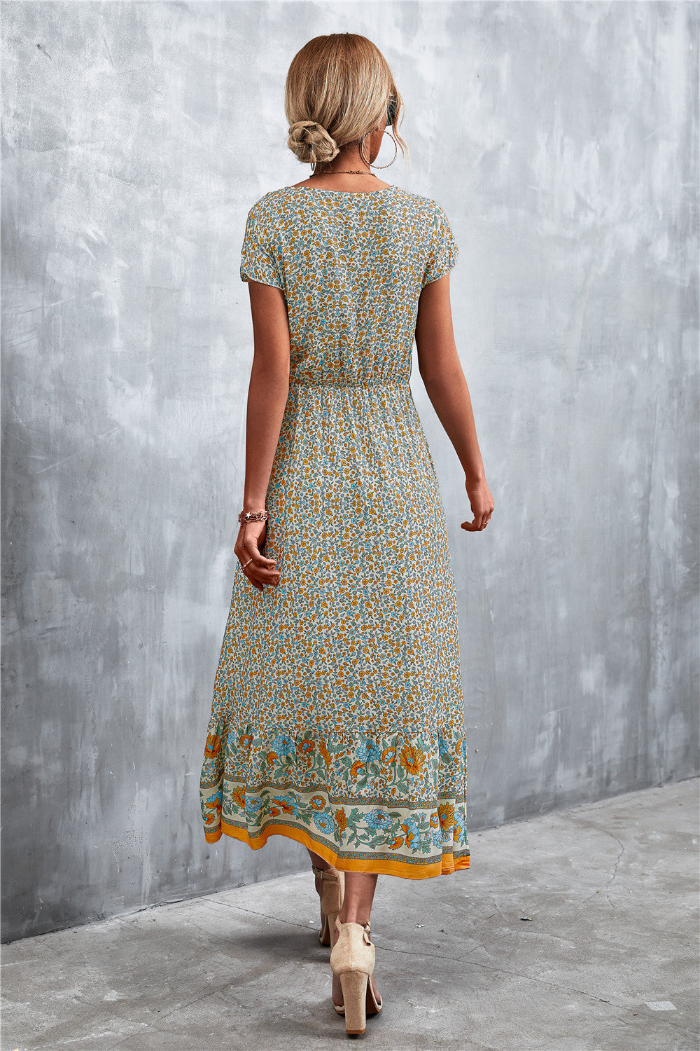 V-Neck Short Sleeve Printed Maxi Dress-Angel Casuals