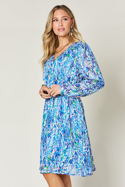 Double Take Full Size Printed Drawstring Waist Long Sleeve Dress-Angel Casuals