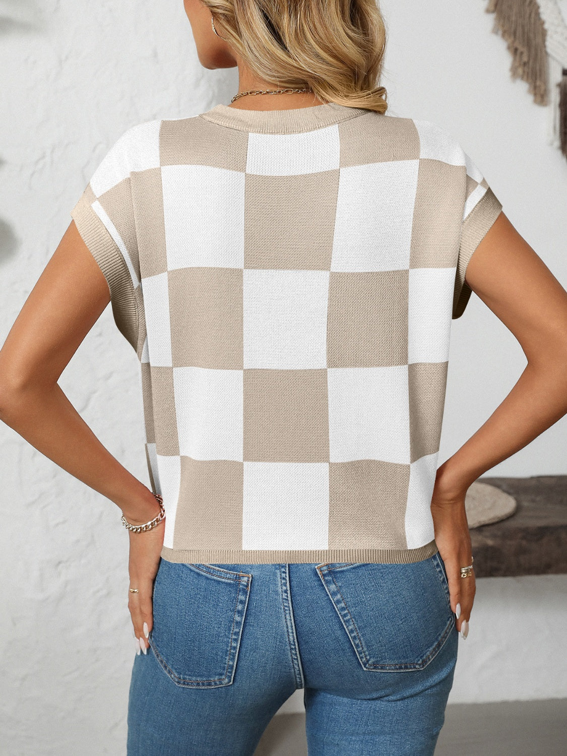 Mandy Checkered Round Neck Cap Sleeve Knit Top-Angel Casuals