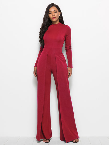 Long Sleeve Mock Neck Wide Leg Jumpsuit-Angel Casuals