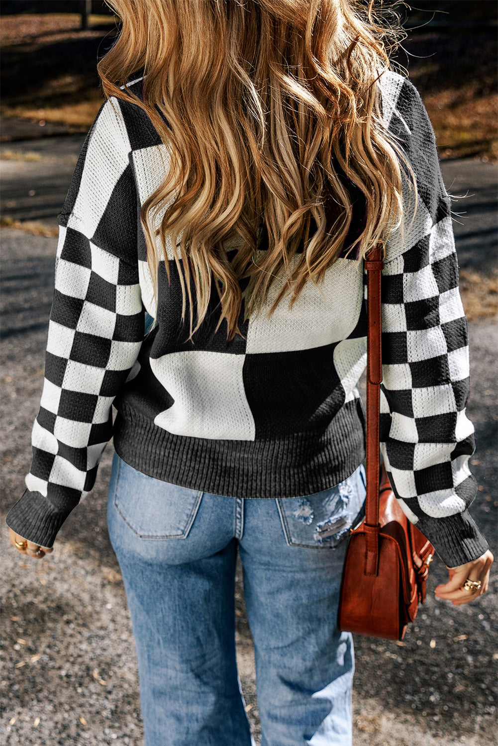 Checkered Round Neck Drop Shoulder Sweater-Angel Casuals