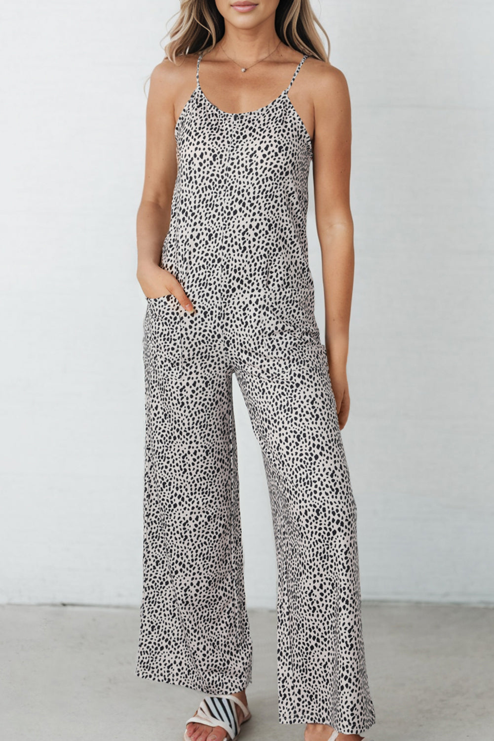 Printed Spaghetti Strap Jumpsuit with Pockets-Angel Casuals