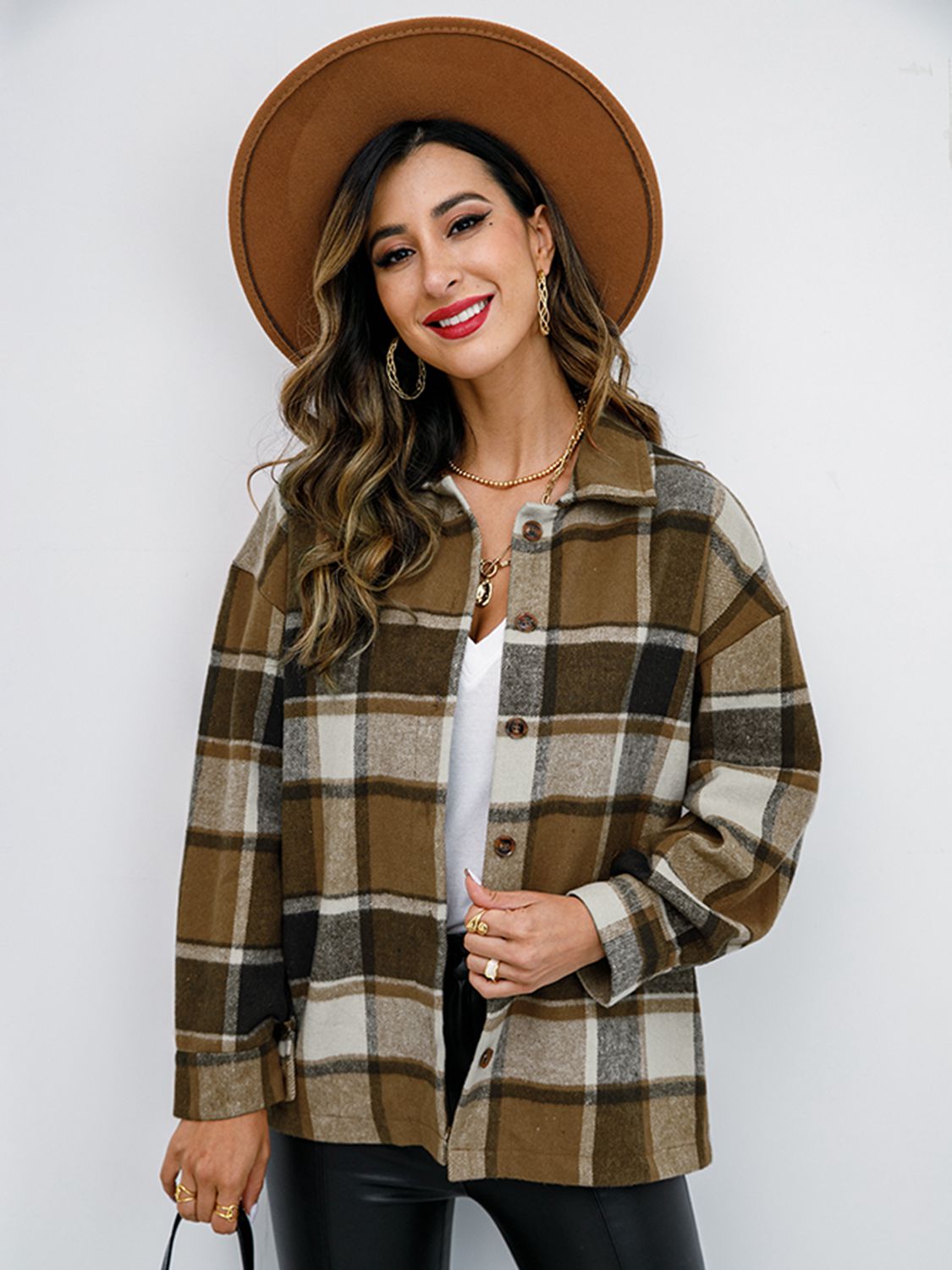 Plaid Button Up Collared Neck Jacket-Angel Casuals