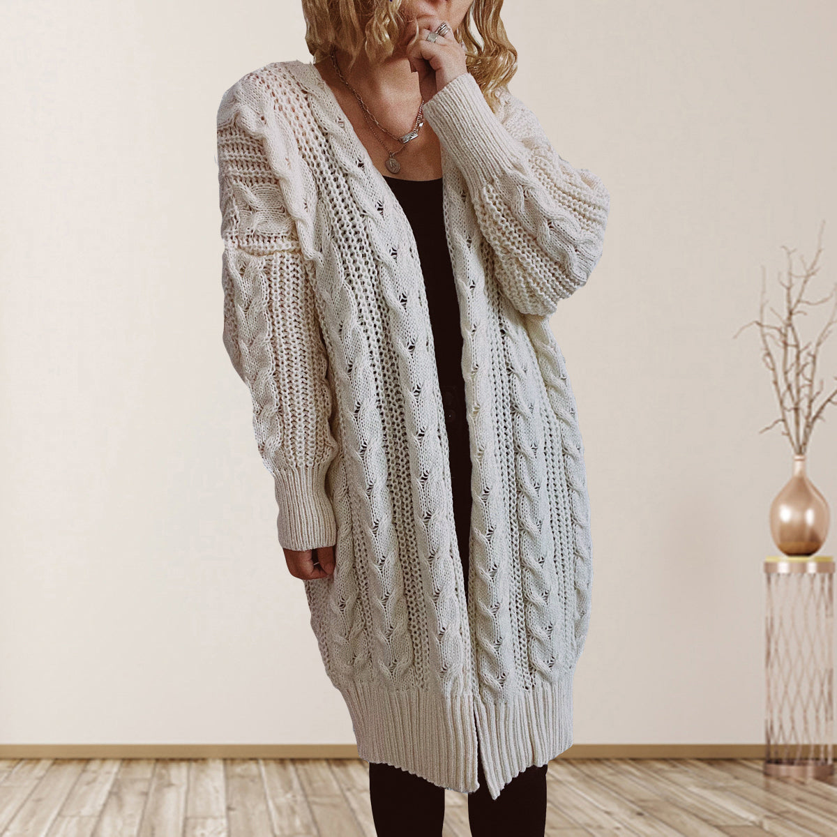 Cable-Knit Open Front Dropped Shoulder Cardigan-Angel Casuals