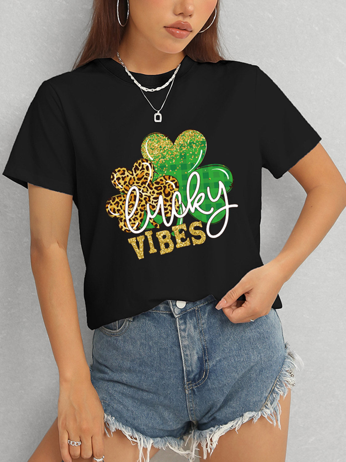 LUCKY VIBES Round Neck Short Sleeve T-Shirt-Angel Casuals