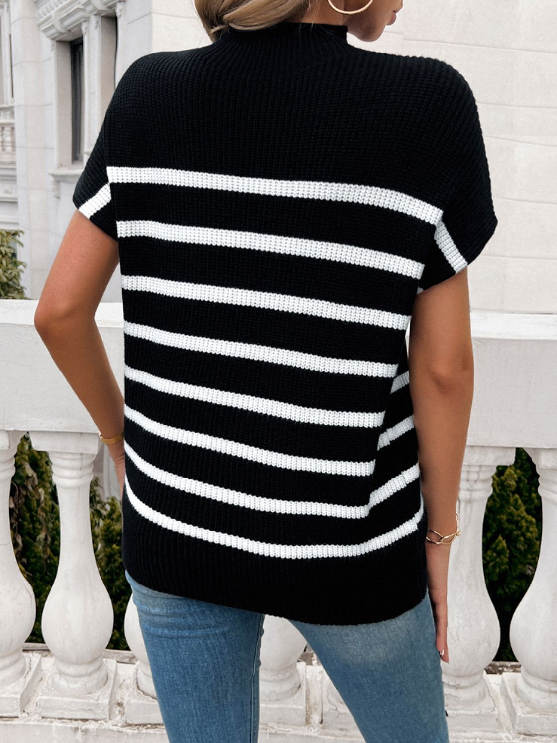 Devine Striped Mock Neck Short Sleeve Sweater-Angel Casuals