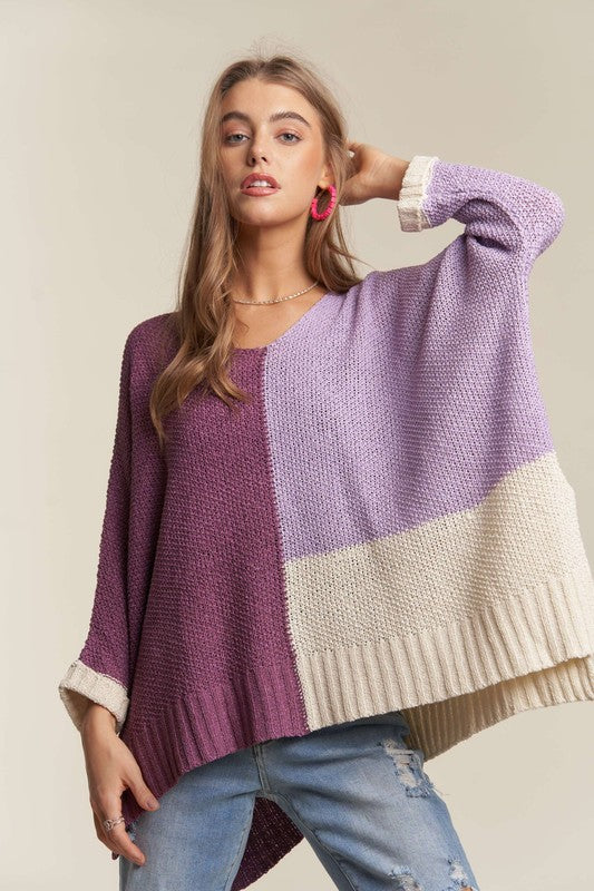 ADORA Side Slit Color Block Long Sleeve Sweater-Angel Casuals