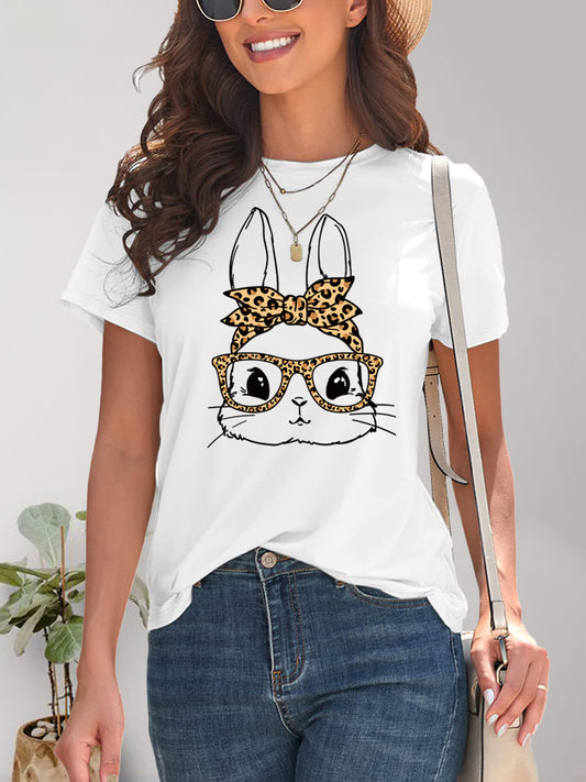 Rabbit Graphic Round Neck Short Sleeve T-Shirt-Angel Casuals