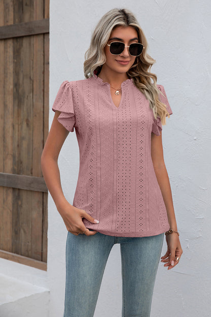 Eyelet Notched Neck Flutter Sleeve Top-Angel Casuals