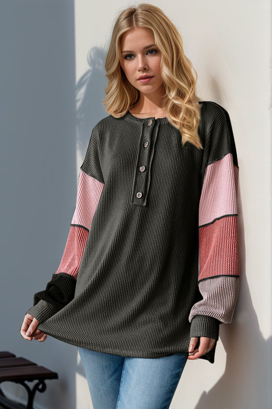 Double Take Full Size Color Block Round Neck Long Sleeve T-Shirt-Angel Casuals