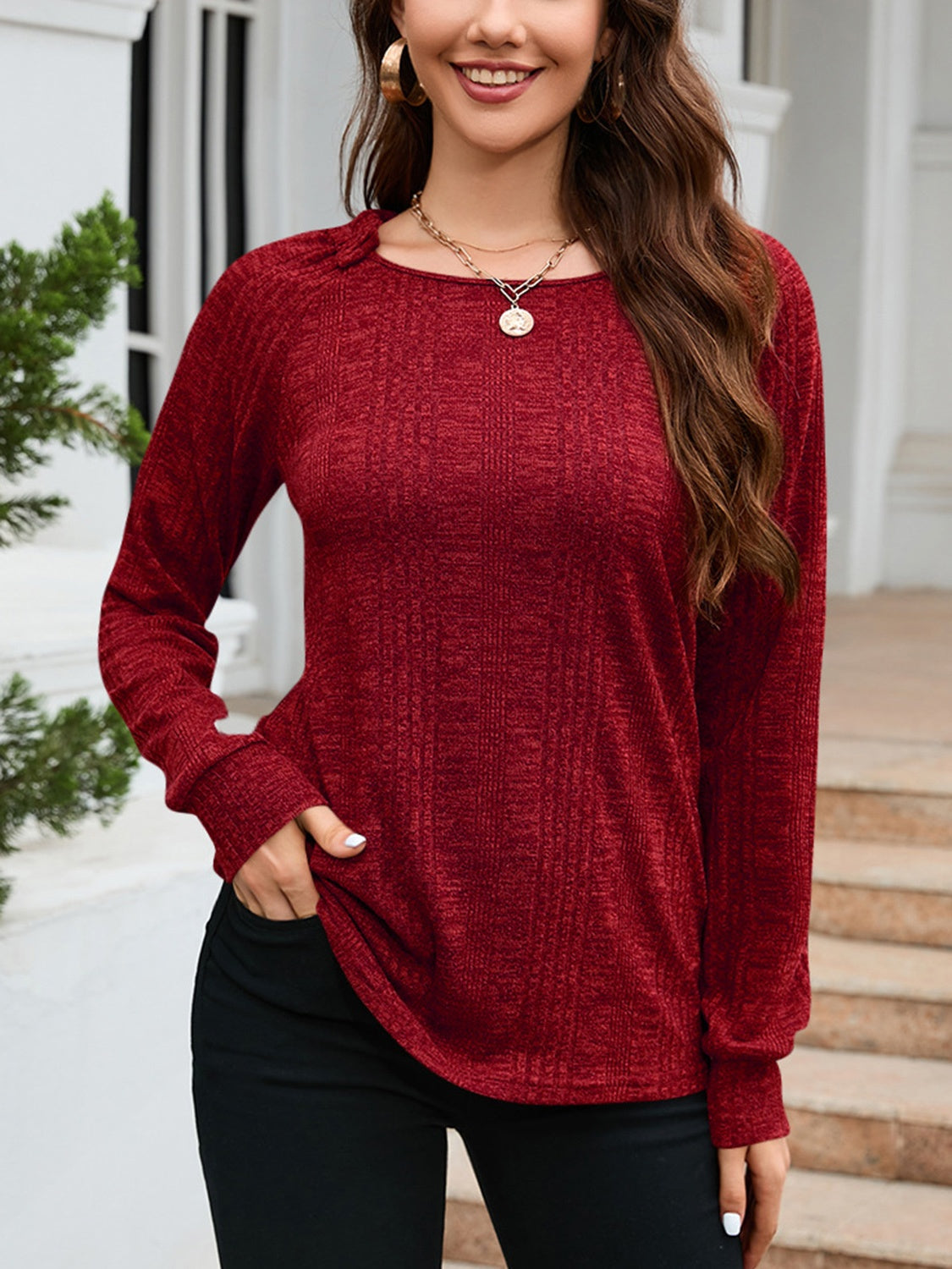 Texture Round Neck Long Sleeve Knit Top-Angel Casuals