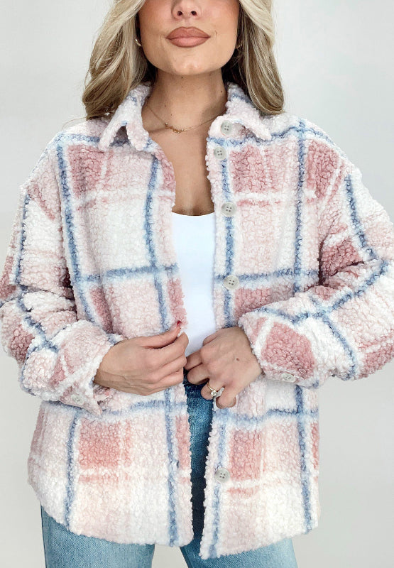 Plaid Button Up Collared Neck Sherpa Jacket-Angel Casuals
