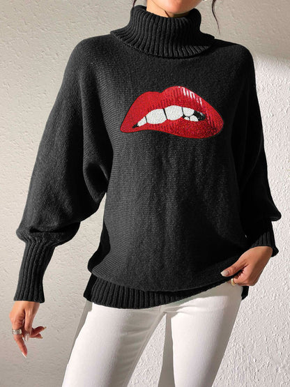 Lip Turtleneck Long Sleeve Sweater-Angel Casuals