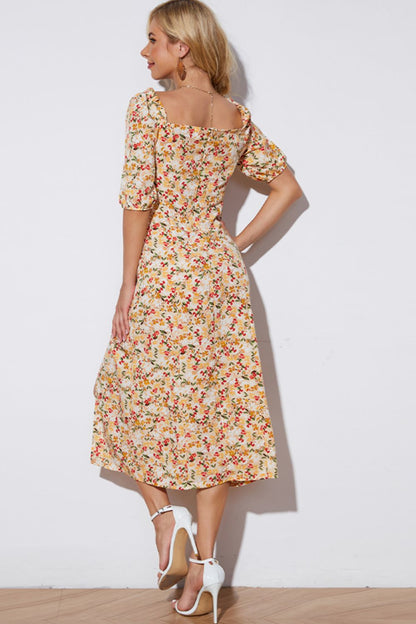 Floral Tied Square Neck Split Dress-Angel Casuals