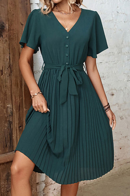 Buttoned V-Neck Flutter Sleeve Pleated Dress-Angel Casuals