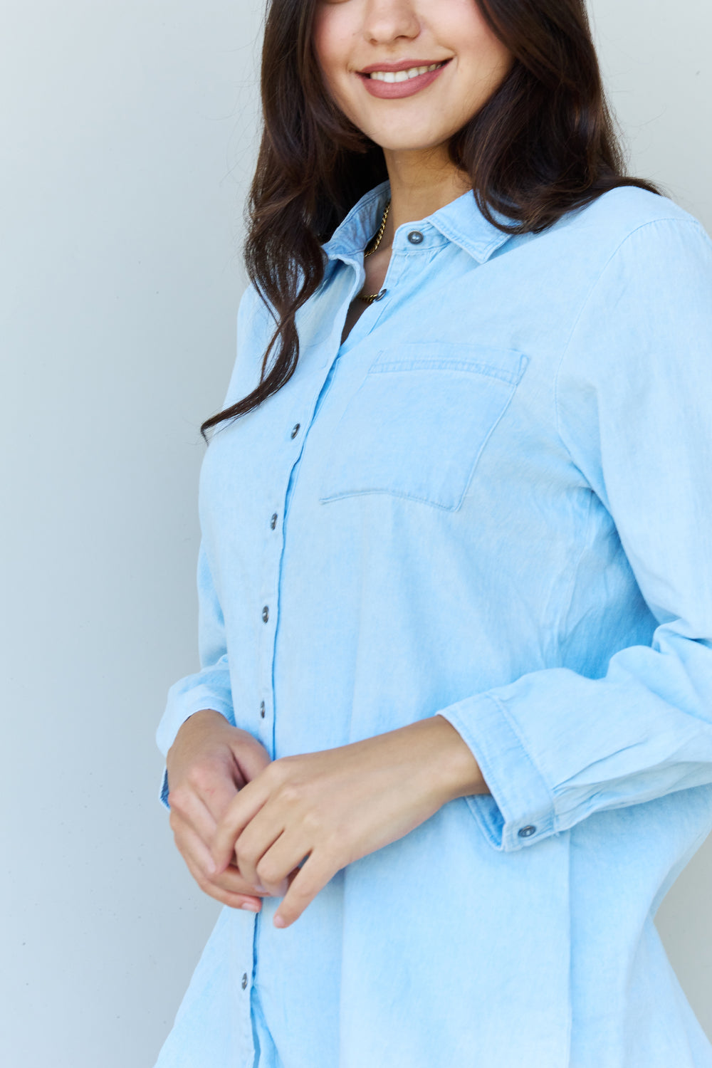 Doublju Blue Jean Baby Denim Button Down Shirt Top in Light Blue-Angel Casuals